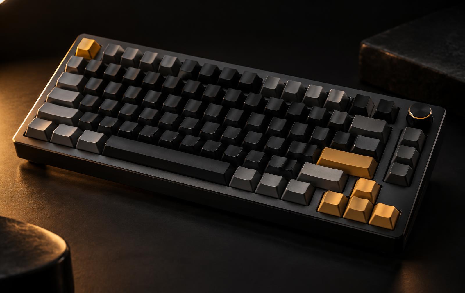 Custom DMD mechanical keyboard with black case and contrasting keycaps